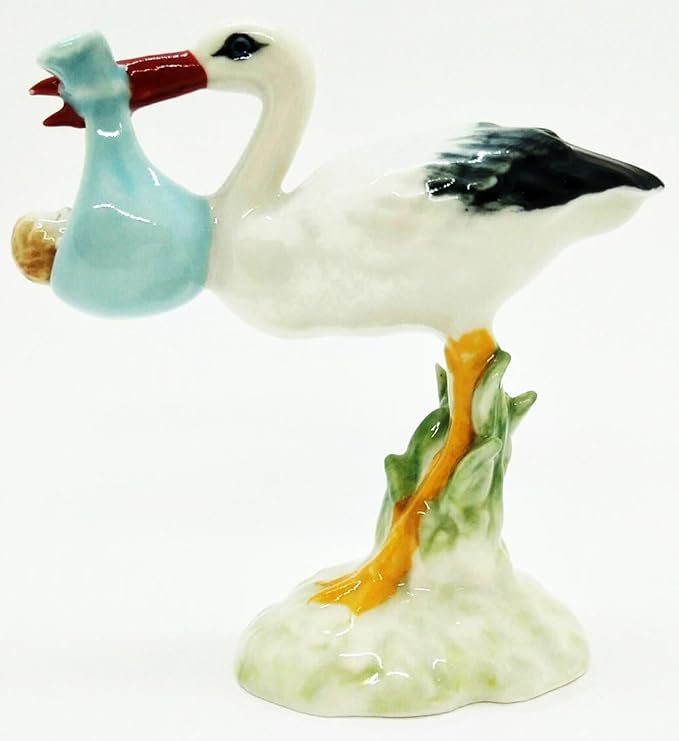 WitnyStore Tiny 3½" High White Stork Bringing Baby in Blue Bundle Figurine - Miniature Hand Made Ceramic Birds Aves Colorful Porcelain Feathered Animals Cute Decorative Collectible Figures Décor Gifts