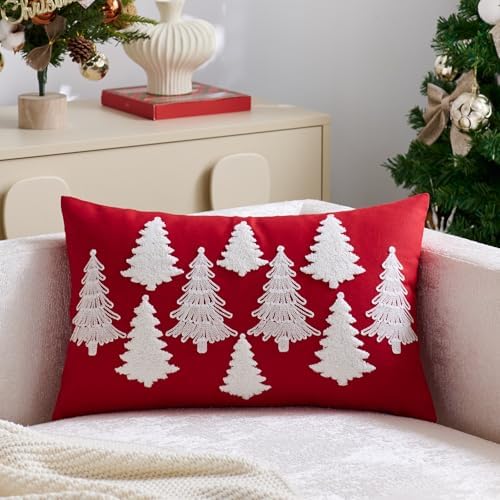 Red Christmas Pillow Covers 12x20 Inch Embroidery White Xmas Trees Decorative Lumbar Throw Pillow Cover Winter Holiday Pillow Case Cushion Cases for Sofa Couch Living Room Decorations