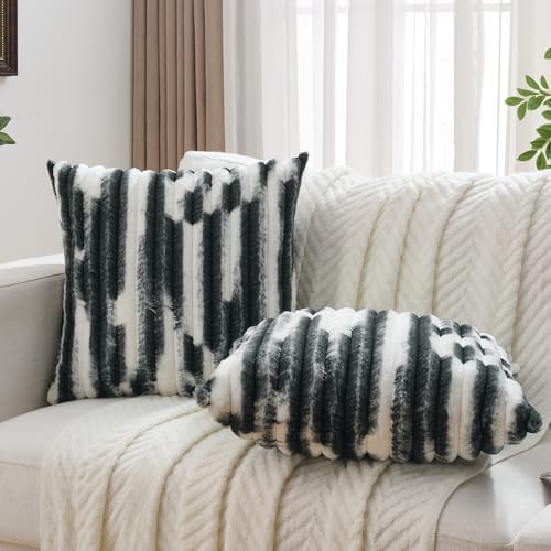 FUTEI Pack of 2 Faux Fur Throw Pillow Covers 16x16 Inch, Black White