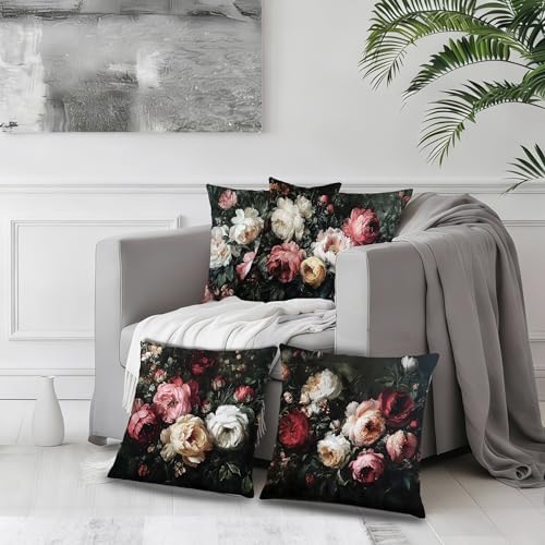 Vintage Moody Dark Antique Vintage Floral Pillow Cover 18x18 Set of 4 Double-Sided, Rustic Gothic Moody Flower Botanical Decorative Throw Pillow Cover for Home Bedroom Living Room