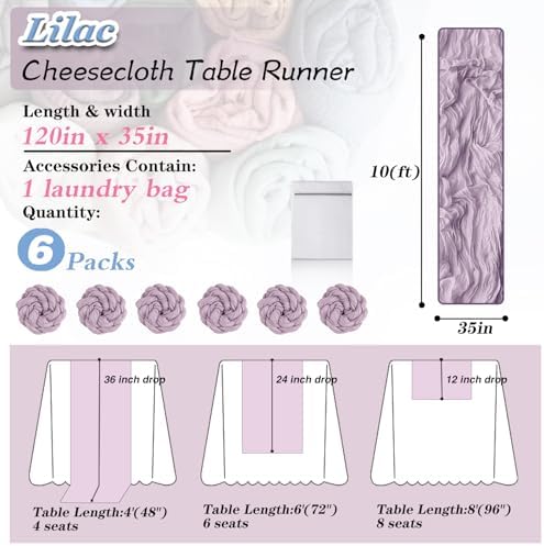 Lilac Cheesecloth Table Runner 6 Pack 35" Boho Gauze Runner 120 inches Long Runner Rustic Sheer Fabric Bulk for Baby Shower Wedding Bridal Birthday Party Picnic Table Decorations