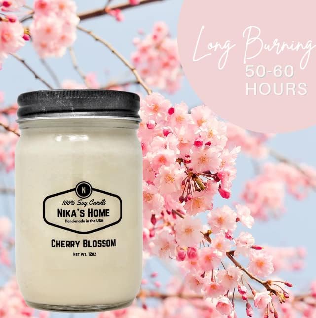 Nika's Home Cherry Blossom Soy Candle - 12oz Mason Jar - Non-Toxic - Hand Poured in The USA, Long Burning 50-60 Hours Highly Scented All Natural, Clean Burning