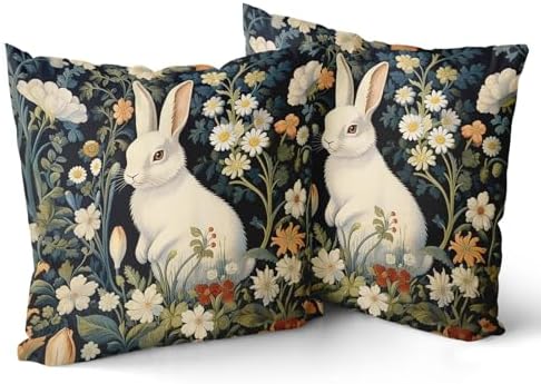 Giwawa 2PCs Easter Bunny Pillow Covers 20"x20" Cute Rabbit Boho Flowers Square Pillowcases Black Spring Floral Wildflower Cotton Throw Cushion Covers for Sofa Couch Patio Indoor Outdoor Decor
