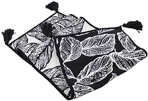 Fennco Styles Black and White Leaf Woven Table Runner - 14 x 71 Inch Reversible Runner Table Centerpiece for Dining Home Decor, Indoor Parties, Holiday Events Tassel Table Runner