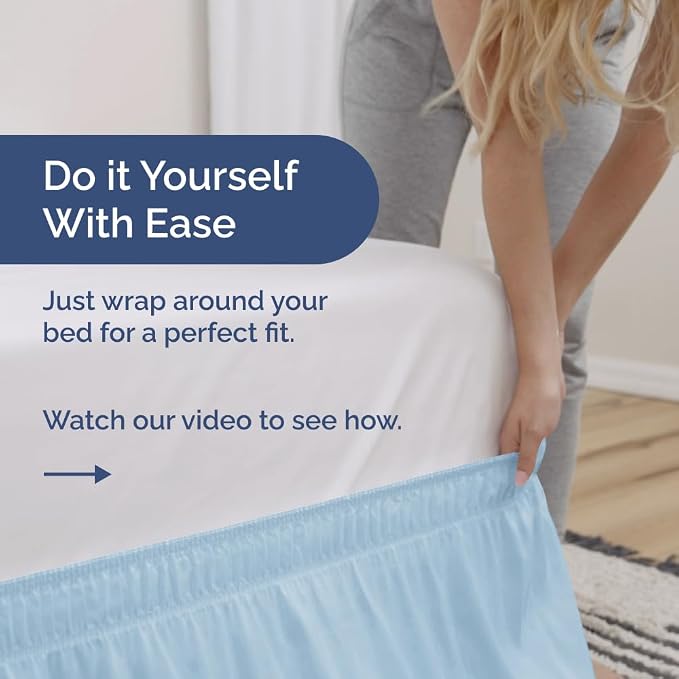 Wrap Around Dust Ruffle Bed Skirt, Full Size - 18 Inch Drop, Light Blue | Easy Fit Elastic Strap, Adjustable Pleated Bedskirt w/Brushed Fabric, Wrinkle & Fade Free, for Women, Men, Kids & Teens