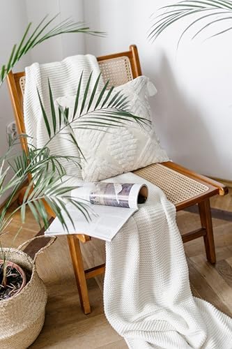 Boho Throw Pillow Covers 20x20 Tufted Tassels for Sofa Off-White