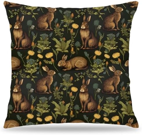 Rustic Rabbit Pillow Covers 18x18 Double-Sided, Vintage Farmhouse Botanical Bunny Pillow Covers, Cottagecore Home Room Decor, Rustic Farmhouse Decor Living Room Bedroom