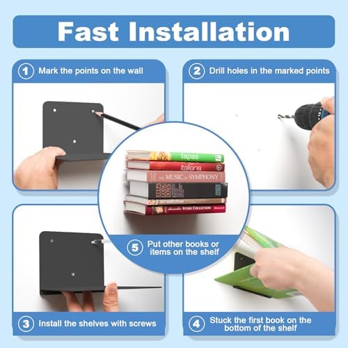 FENTEC 6 Pack Black Invisible Floating Bookshelves for Wall Mounted