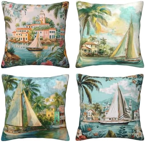 Vintage Sailing Throw Pillow Covers Set of 4 Decorative Soft Double Sided Print Pillow Case Farmhouse Home Decor for Living Room Sofa Couch 18x18
