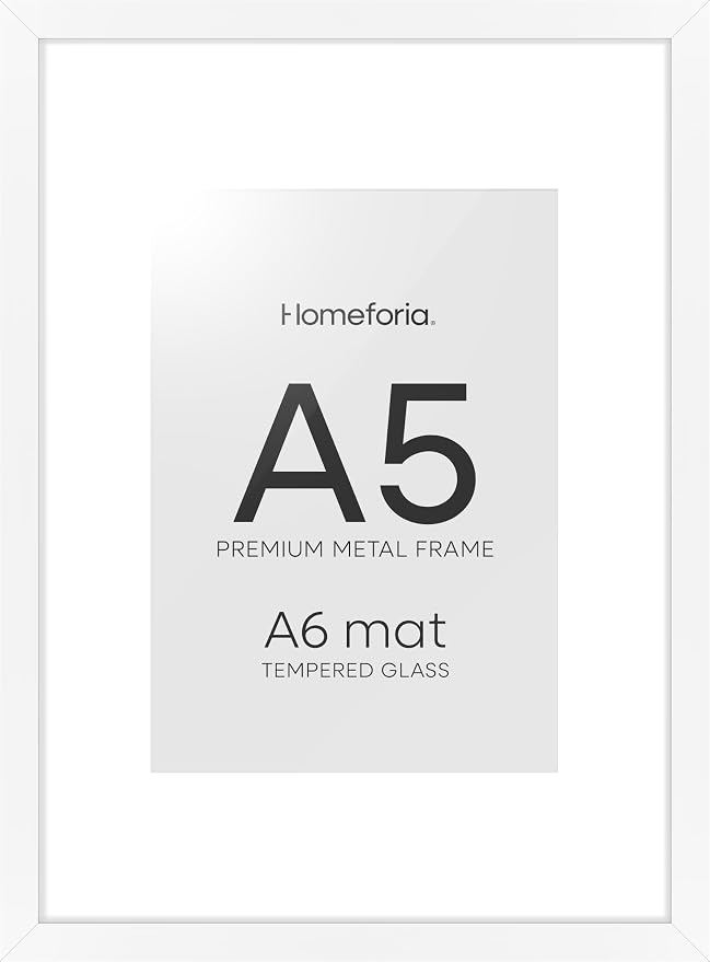 Homeforia A5 White Picture Frame, High-End Metal, A6 Mat, Glass