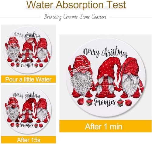 6 Pcs Ceramic Christmas Gnome Coasters With Holder - Best Round Absorbent Drink Coasters Gift for Xmas Holiday Bar - Coffee Cup Farmhouse Table Decorative Set