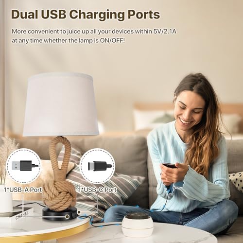 22" Rope Lamps for Night Stands, Bedside Lamps Set of 2, Boho Table Lamps for Living Room End Tables, 3-Color Temperatures Boho Lamp with Rotary Switch, Rattan Lamp with USB Ports, Bulbs Included