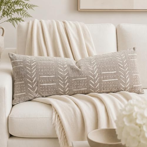 BlissBlush Decorative Long Lumbar Pillow Cover 14x36 for Bed, Taupe Soft Woven Chenille Accent Pillow Cover for Bedroom Couch Sofa, Textured Farmhouse Boho Cushion Cover