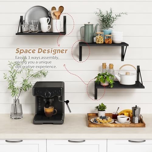 Forbena 12 Inch Deep Floating Shelves for Wall, Wide Black Wall Mounted Shelves for Bedroom Office Books Plants, Large Hanging Shelf for Living Room Bathroom Kitchen Closet Pantry Storage (3-Pack)