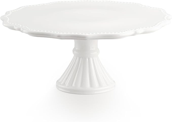 12" Cake Stand, Relief Round Dessert Cake Stand for 8-10 Inch Cake | Ceramic Large Cupcake Stand for Birthday, Wedding, Baby Shower, Tea Party and Other Celebrations (White)