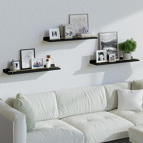 WOPITUES Floating Shelves 24 inch for Wall Decor Set of 3, Black and Gold