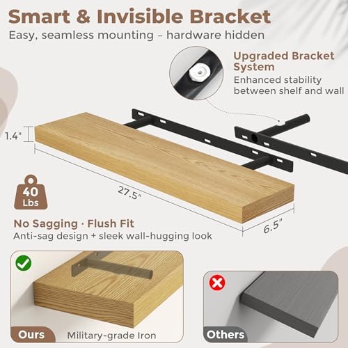 FLYJOE 27.5 Inch Floating Shelves for Wall Set of 2, 6.5" D Wood Grain Bathroom Shelves with Invisible Brackets, Easy Install Engineered Wood Storage Shelves for Kitchen, Living Room, Bedroom
