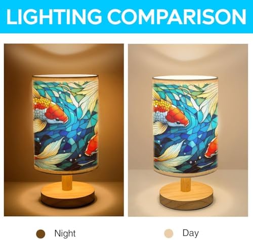 Koi Fish Table Lamp LED 3-Color Pressed Bedside, Koi Fish Shade Lamp with Wood Base for Bedroom Living Room Desk Office TL01
