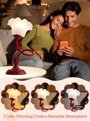 Flower Table Lamp, LED Reading Light Bedside Vintage Night Light (Red)