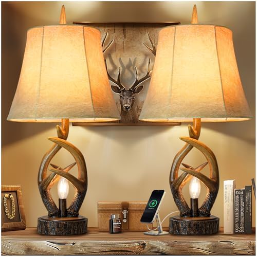 Scenekoy Rustic Antlers Table Lamp Set of 2 with USB Ports, Night Light