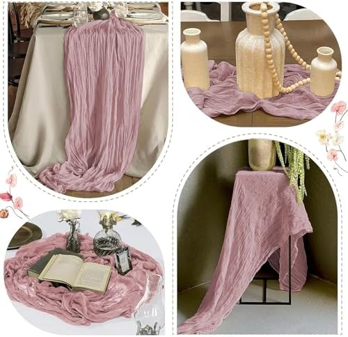 12 Pack Dusty Pink Cheesecloth Table Runner 17 x 108 Inch Gauze Table Runner Fabric Semi Sheer Cheese Cloth Table Decor Bulk for Rustic Romantic Wedding Baby Shower Table Decoration