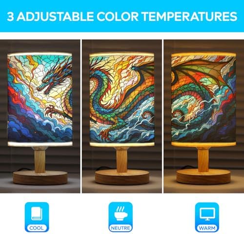 Dragon Table Lamp LED 3-Color Pressed Bedside, Dragon Shade Lamp with Wood Base for Bedroom Living Room Desk Office TL01
