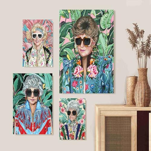 80s Artwork Fashion Golden Wall Art Girls Poster Betty White Poster For Woman Room Decor Rose Nylund With Sunglasses Canvas Prints (L24"xW16"-WoodFrame Ready to Hang) Pictures For Girl Dorm Wall Art Decor Gift