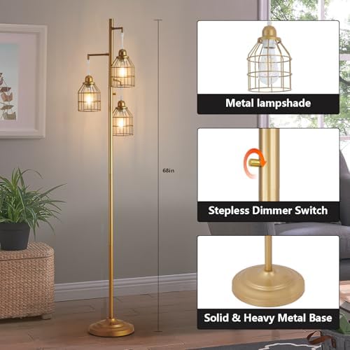 9MMML Golden Dimmable Floor Lamp,Industrial Gold Farmhouse Tall Standing Lamp for Living Room, Bedroom Office,3 Teardrop Cage Lampshade,3 LED Bulbs Inculded, 68'' Tall
