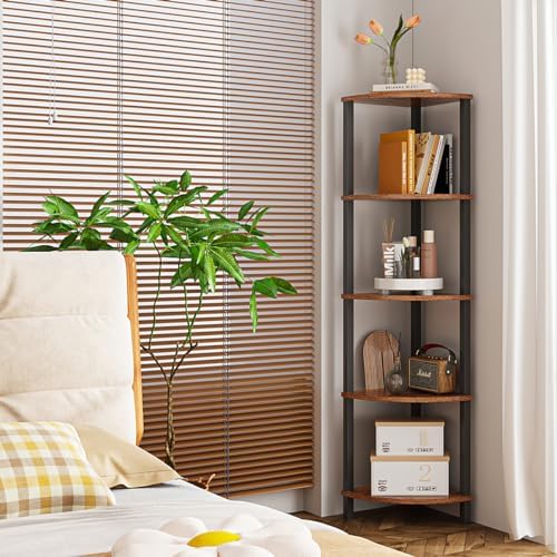 VIMBER Corner Shelf, 5-Tier Corner Bookshelf, Industrial Corner Ladder Shelf, Rustic Display Shelf for Living Room, Bedroom, Kitchen, Home Office, Rustic Brown and Black UJSJ001H