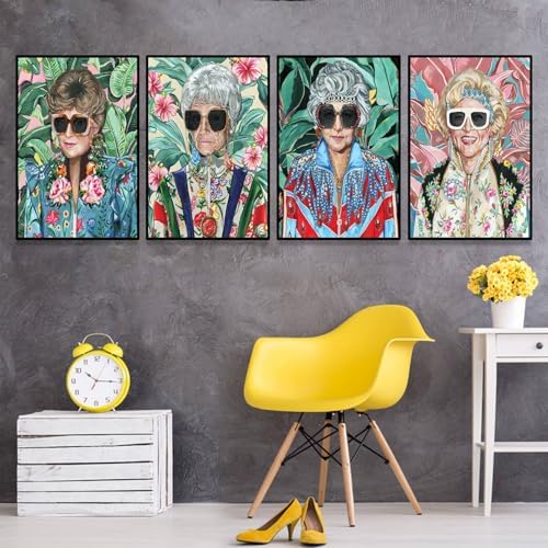 80s Artwork Fashion Golden Wall Art Girls Poster Betty White Poster For Woman Room Decor Rose Nylund With Sunglasses Canvas Prints (L24"xW16"-WoodFrame Ready to Hang) Pictures For Girl Dorm Wall Art Decor Gift