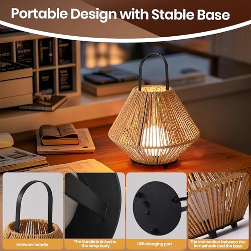 Cordless Rechargeable Handheld Rattan Lamp - Adjustable Color & Brightness Table Lamp for Indoor/Outdoor Use (Compact & Sturdy Design)