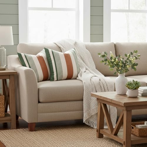 Decorative Farmhouse Throw Pillow Covers 18x18 Accent Faux Leather Pillowcase Rustic Boho Decor,Olive Green and Beige (Cover ONLY, Pack of 2)