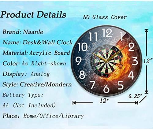 Naanle Darts Board in Fire and Water Round Wall Clock, 12 Inch Silent Battery Operated Quartz Analog Quiet Desk Clock for Home,Office,School