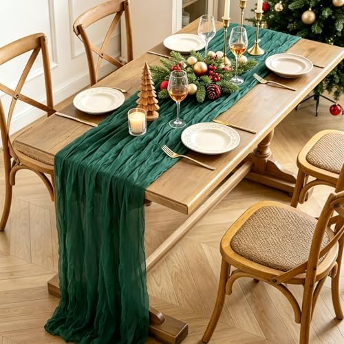 6Pcs Christmas Table Runner, 10FT Cheesecloth Emerald Green Table Runners 35*120inch Rustic Vintage Table Runner for Christmas Indoor Home Kitchen Table Party Decorations