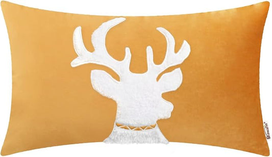BRAWARM Christmas Pillow Cover 12 X 20 Inches, Gold Reindeer Embroidered Lumbar Pillow Cover, Soft Velvet Decorative Throw Pillow for Couch Bed Sofa Living Room Home