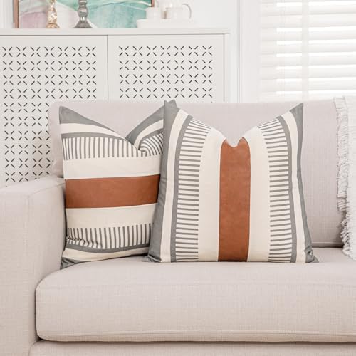 2 Pack 18x18 Inch Pillow Covers - Brown Faux Leather & Gray Stripe Print Soft Cotton Splicing, Same Pattern Both Sides | for Sofa Couch Bed Living Room, Farmhouse Industrial Minimalist Decor
