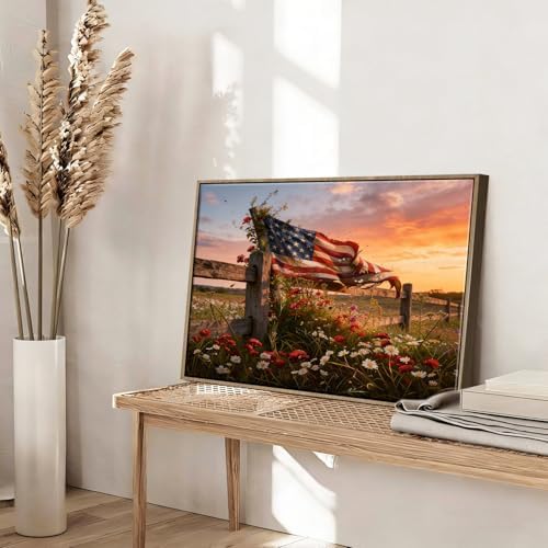 American Flag Framed Canvas Wall Art, 4th of July Patriotic Canvas Prints | Wildflower Meadow Landscape Poster Print, Vintage Rustic Independence Day Wall Decor for Bedroom Living Room 16×20in
