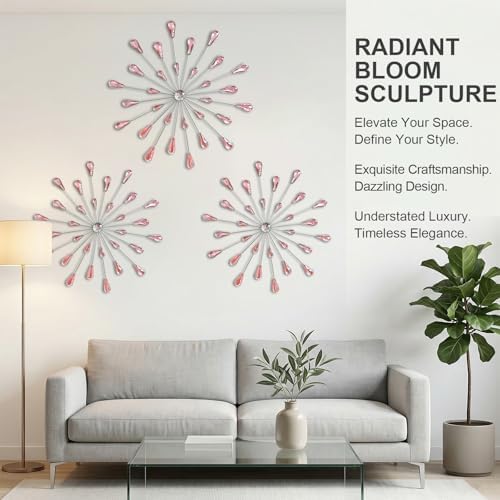 ZEXUIRU 3 Set Silver Starburst Wall Art for Home Decor Metal Bling Crystal Rhinestones Sunburst Wall Decor Sparkling Rhinestone Art Accent Silver - 13in