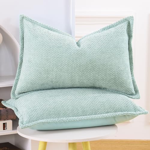 MADIZZ Decorative Chenille Velvet Throw Pillow Covers Set of 2 Soft Boho Textured Neutral Couch Throw Pillow for Bed Modern Farmhouse Home Decor for Sofa Livingroom Aqua Green 12x20 Inch