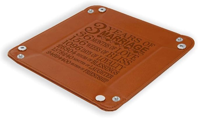 Kate Posh - 3 Years of Marriage Engraved Leather Catchall Valet Tray, Our 3rd Wedding Anniversary, 3 Years as Husband & Wife, Gifts for Her, for Him, for Couples (Rawhide)