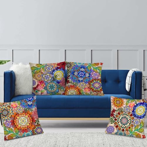 Boho Floral Throw Pillows Covers 18x18 in Colorful Flower Set of 4