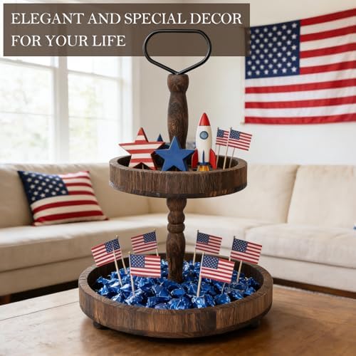 Horse Rustic Wooden Tiered Tray, 18.5x12.5 2 Tier Farmhouse Decor Cupcake Stand, Round Serving Tray for Home Kitchen Shelf Dinning Table Seasonal & Independence Day,Halloween,Christmas Decorations