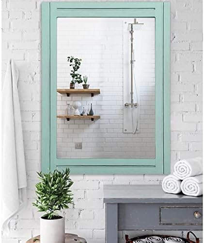 AAZZKANG Rectangle Wall Mirror with Wood Framed Modern Hanging Mirrors Decor for Bedroom Bathroom Living Room Entrance Green Large 28"x20"