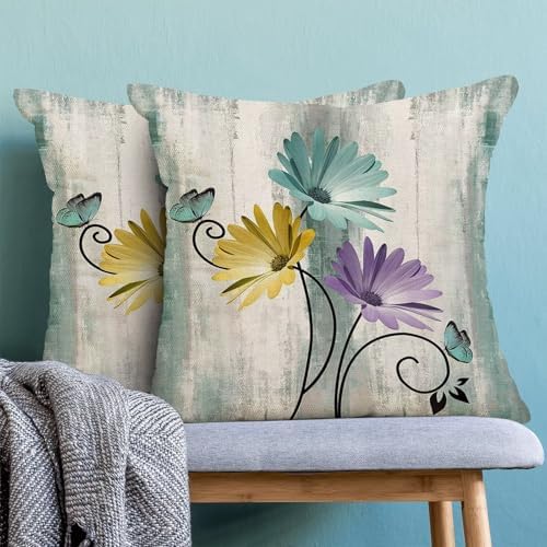 Turquoise Yellow Purple Floral Pillow Covers 18 x 18 Inch Set of 2 Daisy Floral Butterfly Decorative Throw Pillow Covers Linen Rustic Farmhouse Cushion Cases for Home Sofa Couch Living Room Decor