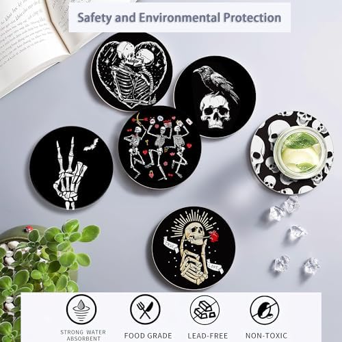 Coaster for Drinks Set of 6, Skeleton Skull Absorbing Round Ceramic Stone Coaster with Cork Base,Tabletop Protection Mat for Mugs and Cups,Coffee Table Wine Glass Home Bar 4 Inch
