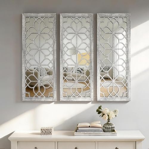 Set of 2 16x41.5 Inch Large Carved Floral Wood Frame Wall Mirrors, Shatterproof Boho Farmhouse Rustic Accent Mirrors for Living Room, Bedroom, Bathroom, Entryway & Home Wall Decor (Gray)