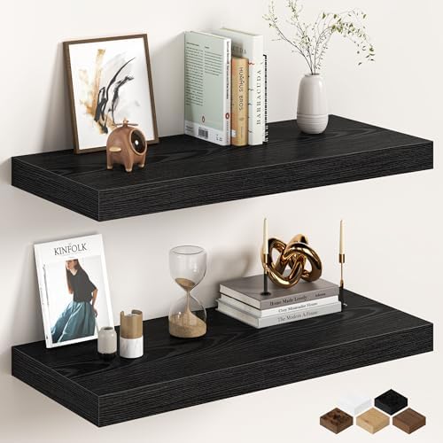Fun Memories 27.5 Inch Deep Floating Shelves, Set of 2 Heavy Duty Wall Mounted Shelves with Invisible Brackets, Large Rustic Wood Storage Bookshelf for Living Room, Bathroom and Kitchen, Black