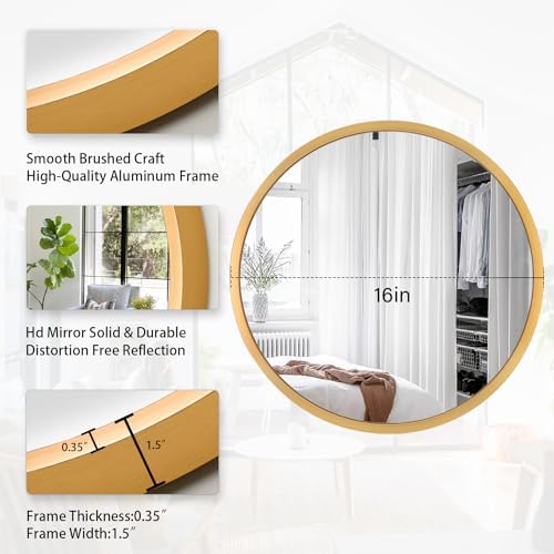 JJUUYOU Circle Wall Mirror 16 Inch Round Wall Mirror for Bathroom, Gold Circular Mirror Washroom Wall Decor Metal Frame Mirror for Living Room, Bedroom, Dorm Decorative