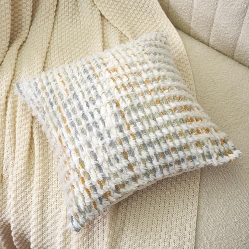 Aeckself Boho Chenille Tufted Pillow Cover 20 x 20 Inch, Decorative Square Throw Pillow Cover Neutral Pillowcase for Couch Bedroom Living Room, Yellow White