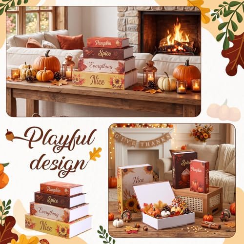Sabary Set of 4 Decorative Books Boxes Faux Books Stacked for Coffee Tables Modern Home Bookshelves DIY Crafts Decor (Vintage,Thanksgiving Day)